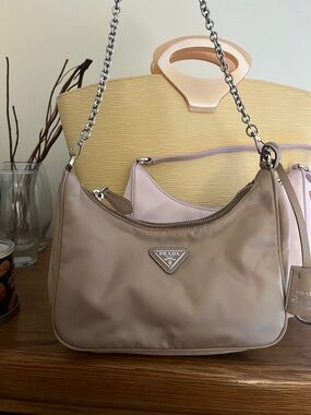 Prada Pale Beige Nylon Shoulder Bag with Silver Chain
